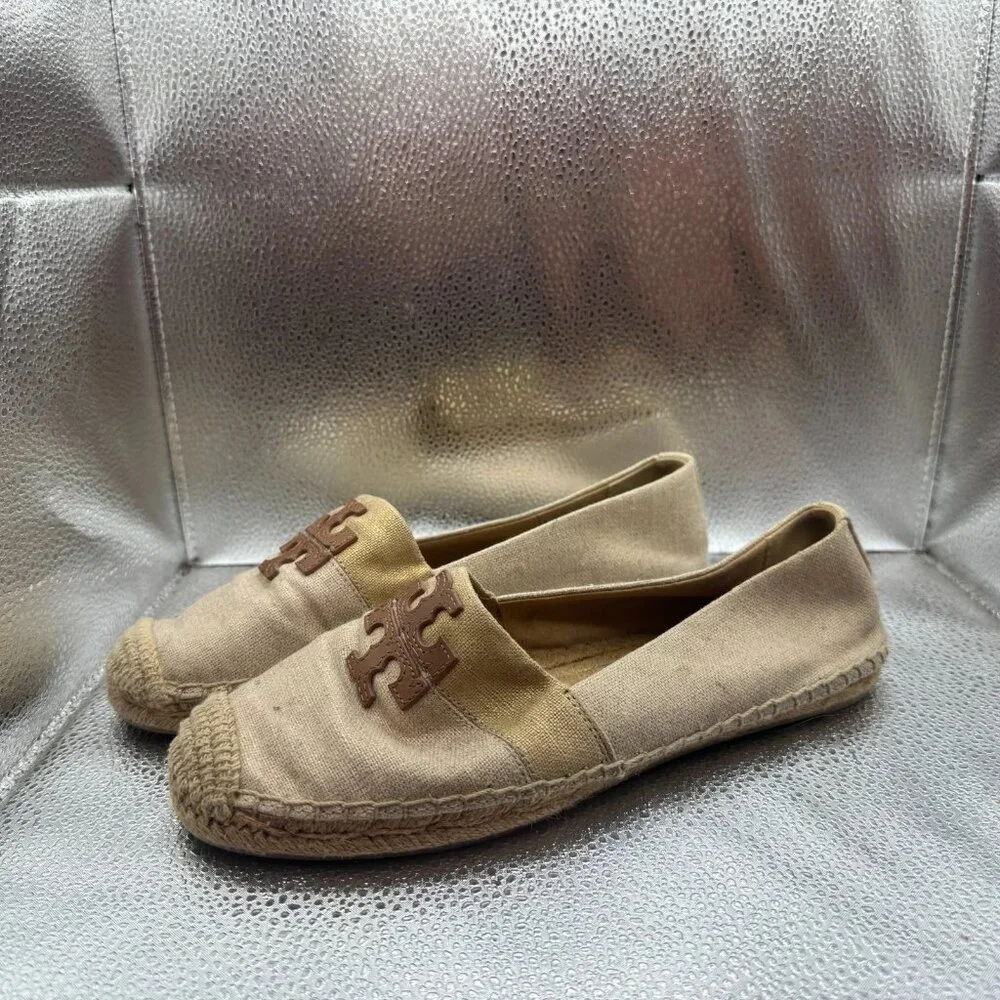 Size 9M Tory Burch Womens Beige Natural‎ Slip-On Weston Espadrille Flat